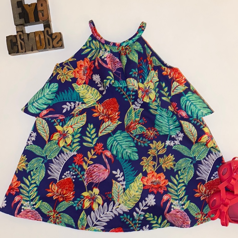 JANIE and Jack Tropical Print🦩🌿🪷 Sundress in Navy